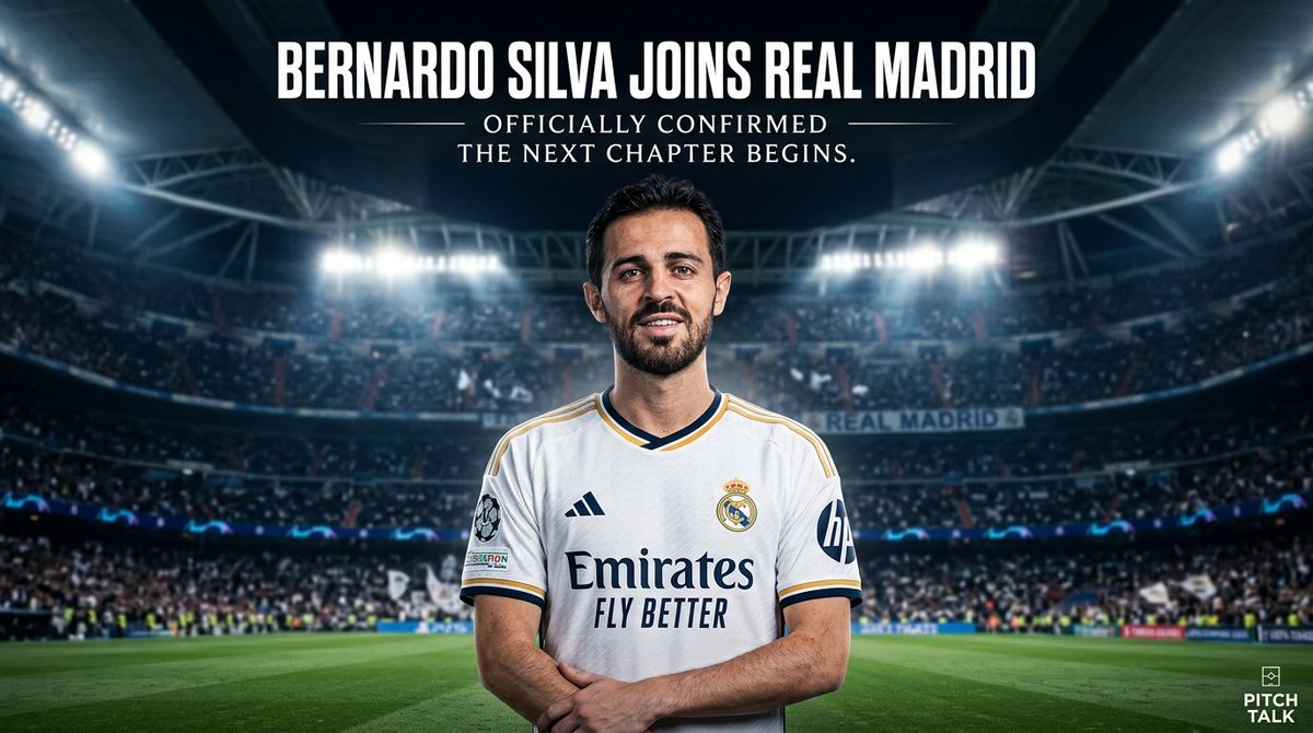 pitchTalkMedia's tweet photo. 🚨 HERE WE GO! Bernardo Silva is officially a Real Madrid player. ⚪️✨

The Portuguese maestro steps into his next chapter at the Santiago Bernabéu.

#RealMadrid #BernardoSilva #Transfers #HalaMadrid #PitchTalk https://t.co/RjWkdMTKVi