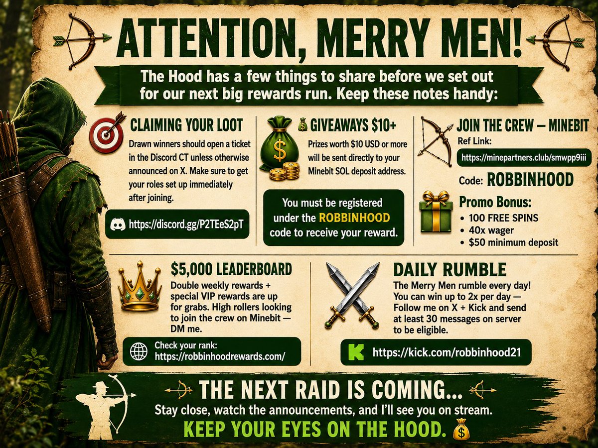 robbinhood22's tweet photo. 🏹 ATTENTION, MERRY MEN! 🏹

The Hood has a few things to share before we set out for our next big rewards run. Keep these notes handy:

🎯 CLAIMING YOUR LOOT
Drawn winners should open a ticket in the Discord CT unless otherwise announced on X. Make sure to get your roles set up immediately after joining. 
https://t.co/RRlm9GzRG1

💰 GIVEAWAYS $10+
Prizes worth $10 USD or more will be sent directly to your Minebit SOL deposit address.
You must be registered under the ROBBINHOOD code to receive your reward.

🏹 JOIN THE CREW — MINEBIT
Ref Link: https://t.co/tEgXa83QwN
Code: ROBBINHOOD

🎁 Promo Bonus:
• 100 FREE SPINS
• 40x wager
• $50 minimum deposit

👑 $5,000 LEADERBOARD
Double weekly rewards + special VIP rewards are up for grabs. 
High rollers looking to join the crew on Minebit — DM me. I’ve got a few other rewards up my sleeve too — not everything is found on the leaderboard!

🏆 CHECK YOUR RANK: https://t.co/oadRzBTYox

⚔️ DAILY RUMBLE
The Merry Men rumble every day!
You can win up to 2x per day — Follow me on X + Kick and send at least 30 messages on server to be eligible.
https://t.co/V1U0gI3J43

🏹 The next raid is coming...
Stay close, watch the announcements, and I'll see you on stream.
Keep your eyes on the Hood. 💰