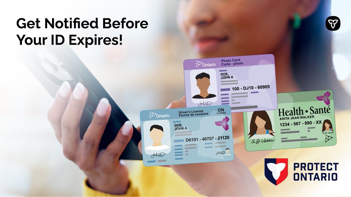ServiceOntario's tweet photo. Don't let expired IDs catch you off guard! Sign up for renewal reminders at https://t.co/9mf1gBhVhf and get notified when it's time to renew your:

✅ Ontario Photo Card 
✅ Health Card 
✅ Driver’s Licence

It's fast, simple and keeps your ID up to date. 📅 https://t.co/vJhG9QMYZC