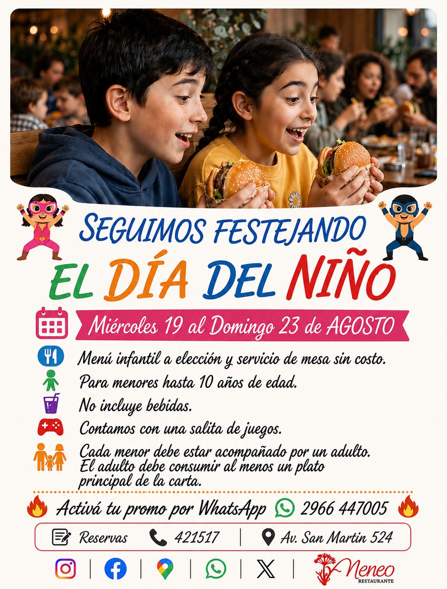 NeneoRestaurant's tweet photo. 🤼‍♀️ SEGUIMOS FESTEJANDO EL DÍA DEL NIÑO 🤼‍♀️

🗓️ Miércoles 19 al Domingo 23

🍴 Menú infantil a elección y servicio de mesa sin costo
🤼‍♀️ Contamos con una salita de juegos.

🔥 Activá por WhatsApp 📲 2966 447005
📍 Av. San Martín 524

#RíoGallegos #Restaurante #DíadelNiño #Infancia https://t.co/fgSFvkiuIp