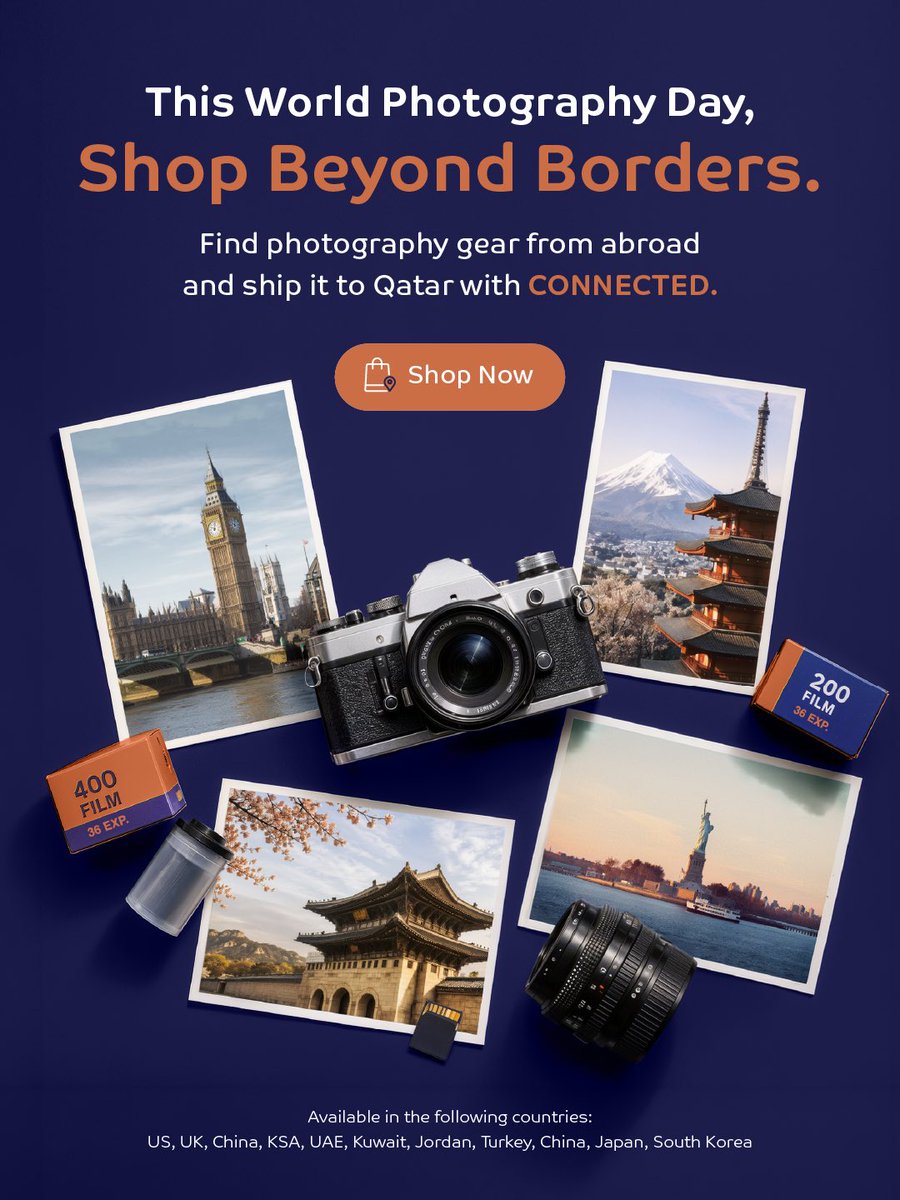 CONNECTEDXBS's tweet photo. This World Photography Day, look beyond borders for the gear that brings your vision to life. From cameras and lenses to the perfect accessories, shop from international stores and have your purchases shipped to Qatar with CONNECTED. https://t.co/JFzlPAVJYU