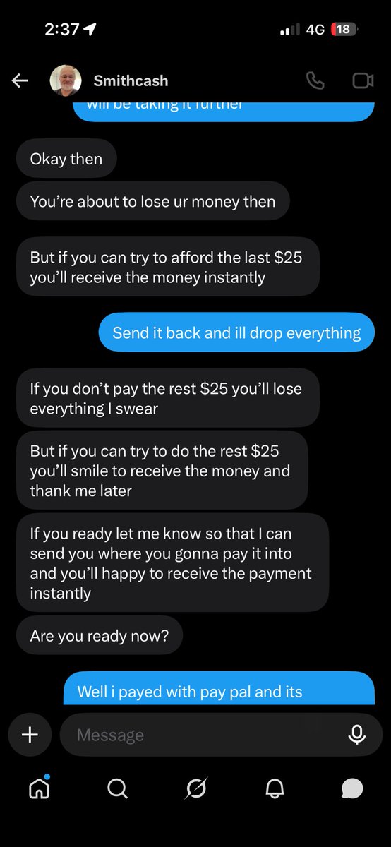 Char010214's tweet photo. Everyone be careful if this scammer he said 4 times i have to pay to get on his payroll so i did trusting him now hes asking for a 5th nearly $75 i have sent him and now refusing to send it back please be careful dommes https://t.co/pkew5w9ir7