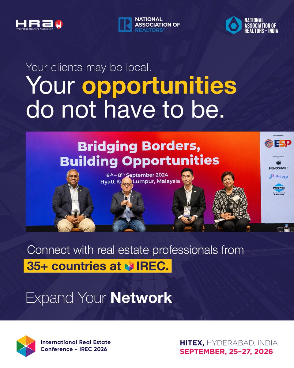 IREC2026's tweet photo. At IREC, meet developers, investors and real estate professionals from India and around the world.

IREC 2026 | 25–27 September | HITEX Exhibition Centre, Hyderabad

#IREC2026 #Hyderabad #RealEstate #GlobalRealEstate #NARIndia https://t.co/ioSj5kYwN3