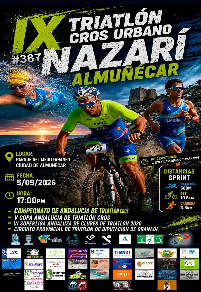 FedAndaluzadTri's tweet photo. ⌛Quedan 5 días para la subida de precio del 🏆Campeonato de Andalucía de Triatlón Cros 2026
🏁#TriatlónCrosUrbano Nazarí Almuñecar
📝Subida de precio el 26 de agosto
➕Consigue tu inscripción::
https://t.co/D5ah7rpr9Q
#FATRI https://t.co/RhuGPLScvG
