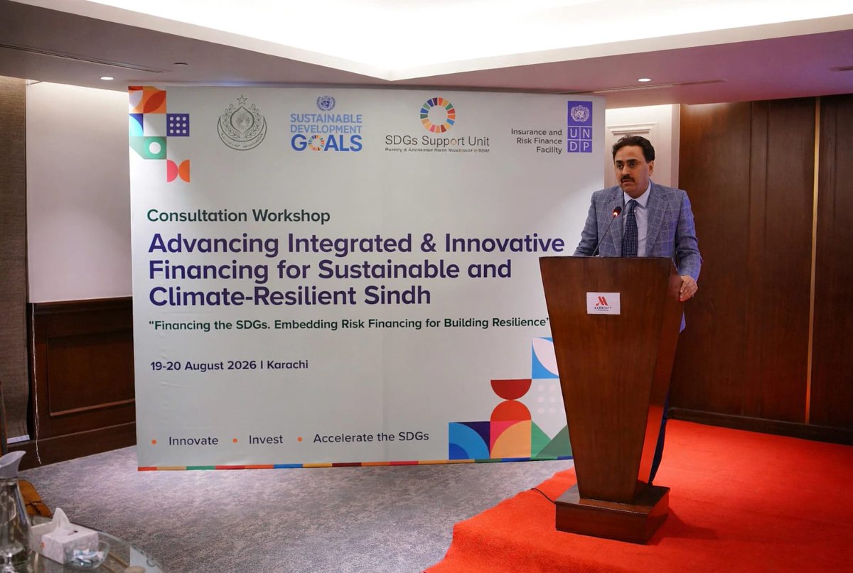 UNDP_Pakistan's tweet photo. Development is financed not just with capital, but with better data and stronger partnerships. 🤝

@SindhGovt1, through @PlanningGovt, and #UNDPinPakistan convened the Financing for Development & Integrated National Financing Framework Consultative Workshop in Karachi — chaired by @JamKhanShoro, Minister P&D, and @Van_ntn, Deputy Resident Representative — bringing stakeholders together to advance innovative, climate-responsive financing. The event also marked the launch of the Sindh SDGs Management Information System, strengthening SDG-based planning, investment prioritization and evidence-based decision-making across the province.

A step toward financing that reaches everyone — so no one is left behind. 🇵🇰

#SDGFinancing
