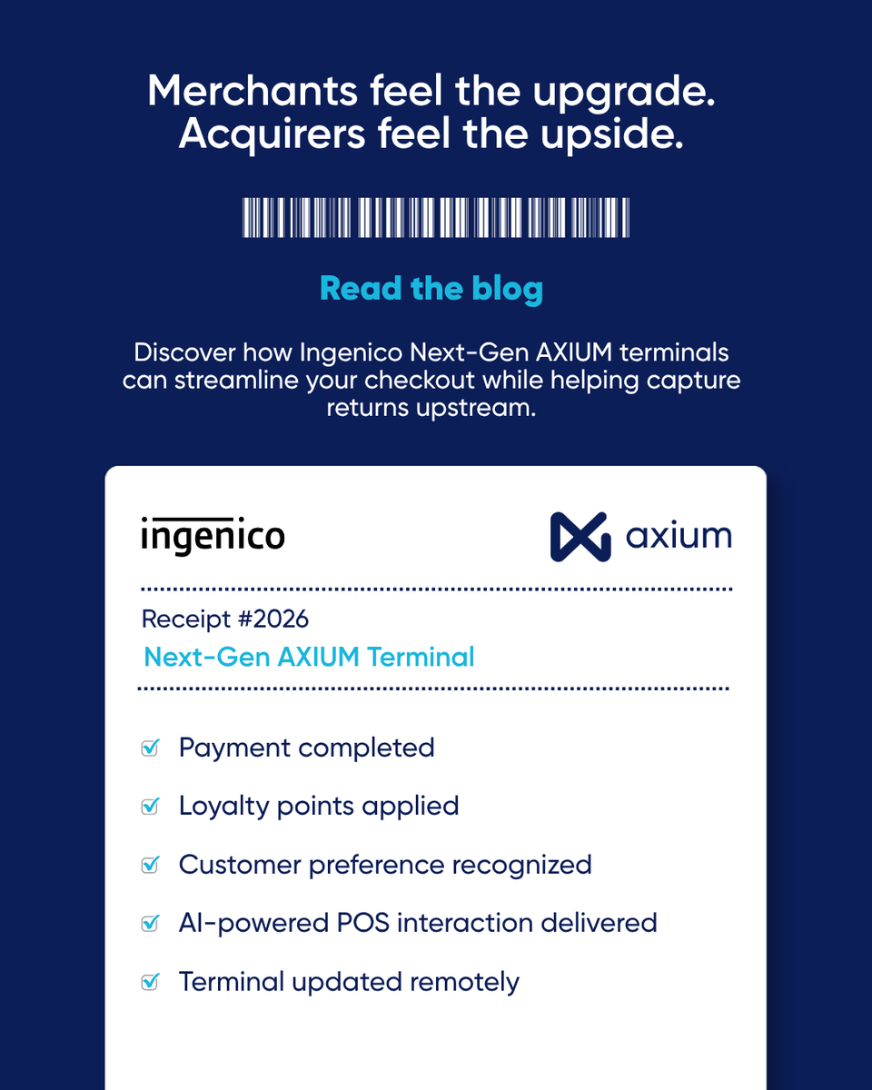 IngenicoNA's tweet photo. Merchants' expectations for the checkout experience are evolving.

Next-Gen AXIUM terminals help deliver modern experiences through Android-based technology built for AI readiness, mobile workforce enablement, and simplified estate management.

Learn more: https://t.co/b8T29AClYo https://t.co/TDopvbaSEq