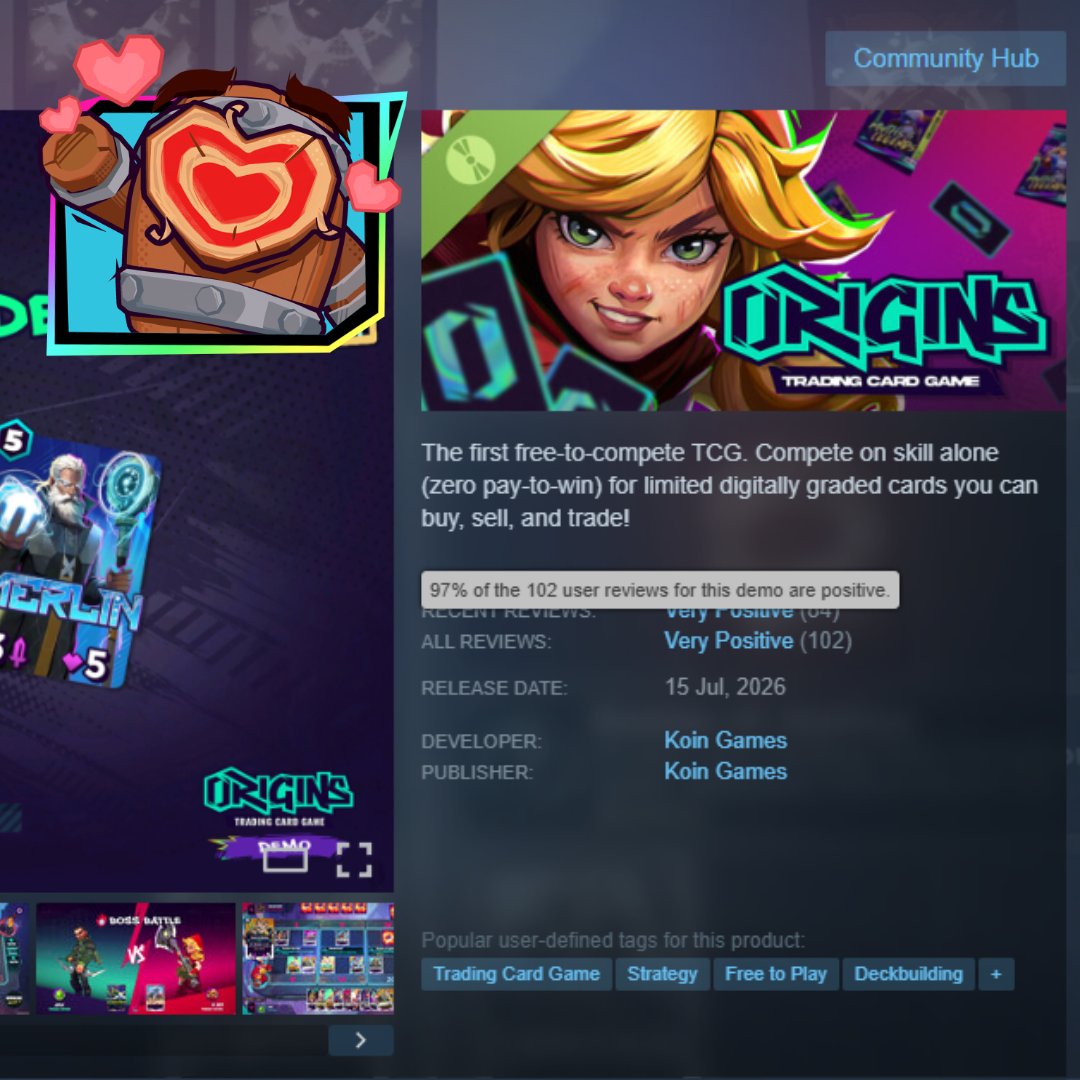 origins_tcg's tweet photo. We just crossed 100 reviews on our Steam demo.

A big thanks from the team to everyone who played and reviewed Origins so far! https://t.co/RNjNQSzyRu