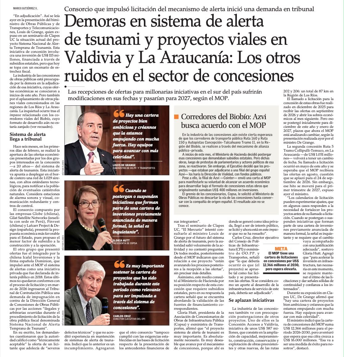 ClapesUC's tweet photo. [NOTA @__elmercurio] Los desafíos y retrasos que enfrenta la agenda de infraestructura fueron parte de los temas abordados en nuestro seminario “Transporte y Obras Públicas 2026-2030: prioridades para el crecimiento y la conectividad del país”.

El Mercurio destaca las demoras en #proyectos viales y en el sistema de alerta de tsunamis, además de los desafíos que enfrenta el sector de #concesiones para avanzar con una cartera de iniciativas que permita fortalecer la #infraestructura y #conectividad del país.

Revive la nota completa acá👇
https://t.co/jJYt14aypW

Si te perdiste nuestro seminario, revívelo por este link 👉 https://t.co/aRA670ZIt6

El evento contó con la participación de nuestro director, @felipelarrain y del biministro de @mop_chile y @MTTChile, @louisdegrange, además de contar con un panel de conversación moderado por nuestro miembro del comité ejecutivo @hdesolminihac, acompañado de @GloriaHutt, @carlosecruzl y @fecheverriav