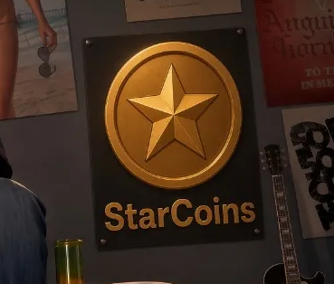 Stimothyphd's tweet photo. HOW HAS NO ONE SEEN THIS??  

In the new GTA leaks, there's a loading screen which shows "StarCoins" in the a background poster.  

This could LITERALLY be the GTA 6 currency, this is insane.  

Its on the official leaks in the fandom!

Check the link: https://t.co/GGQw7phWg8 https://t.co/YXbaqIYVjf
