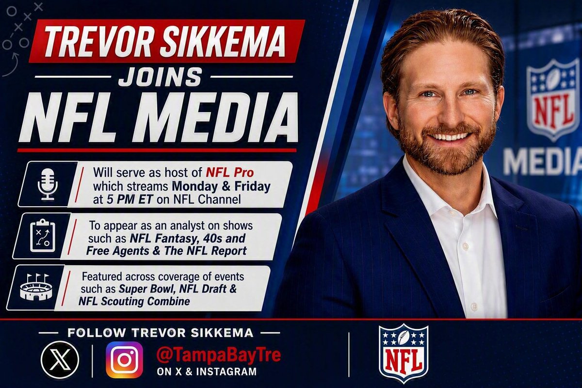 NFLMedia's tweet photo. Welcome to NFL Media @TampaBayTre!

🏈Will serve as host of NFL Pro which streams Monday & Friday at 5p ET on NFL Channel beginning Sept. 4

🏈To appear on shows such as NFL Fantasy Football Show, 40s and Free Agents & The NFL Report

🏈Featured across coverage of events such as Super Bowl, NFL Draft & NFL Scouting Combine