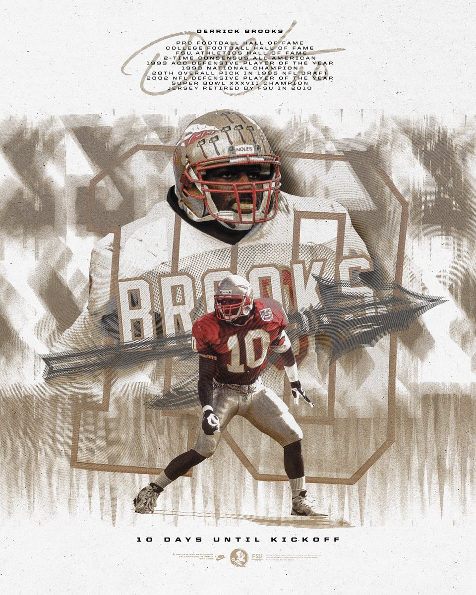 FSUFootball's tweet photo. 🔟 Days to Kickoff: 𝗗𝗲𝗿𝗿𝗶𝗰𝗸 𝗕𝗿𝗼𝗼𝗸𝘀

🍢 1993 National Champion, ACC Defensive POTY & Unanimous All-American
🍢 1994 Consensus All-American
🍢 3x All-ACC 1st Team
🍢 Hall of Fame: Pro Football (2014), CFB (2016)
🍢 2000 Walter Payton NFL Man of the Year
🍢 14-yr career with Bucs: 11x Pro Bowl, 5x All Pro 1st Team, 2002 Defensive POTY, Super Bowl XXXVII Champion

#NoleFamily