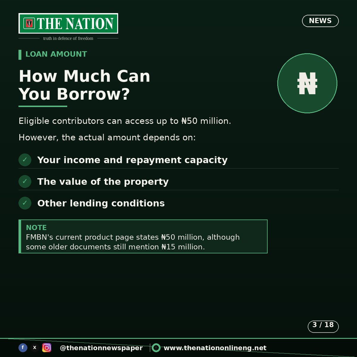 TheNationNews's tweet photo. How to apply for the FG's NHF Mortgage Loan

Eligible Nigerians can access up to ₦50 million at just 6% interest to buy, build, renovate or improve a home — repayable over up to 30 years.

Swipe through for the full step-by-step guide, eligibility requirements, and documents you'll need. ➡️

Beware of fraudsters posing as NHF facilitation officers — always apply through FMBN-accredited institutions only.

#TheNation #NHF #FMBN #MortgageLoan #Housing #Nigeria

Source: The Nation
----
Follow us for more breaking news and video content 

For more stories:  https://t.co/xrjv0fBVyW