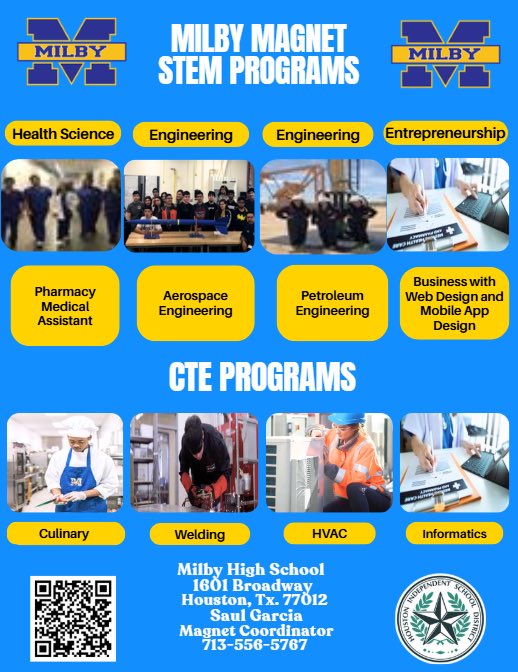 Milby_HS's tweet photo. Milby High School Magnet STEM/CTE Program – Applications Still Open! 
 If interested, please contact Milby High School at 713-928-7401.    #MilbyHighSchool #MagnetProgram #STEM #CTE #HoustonISD #StudentOpportunities https://t.co/FI1XXLmjCp