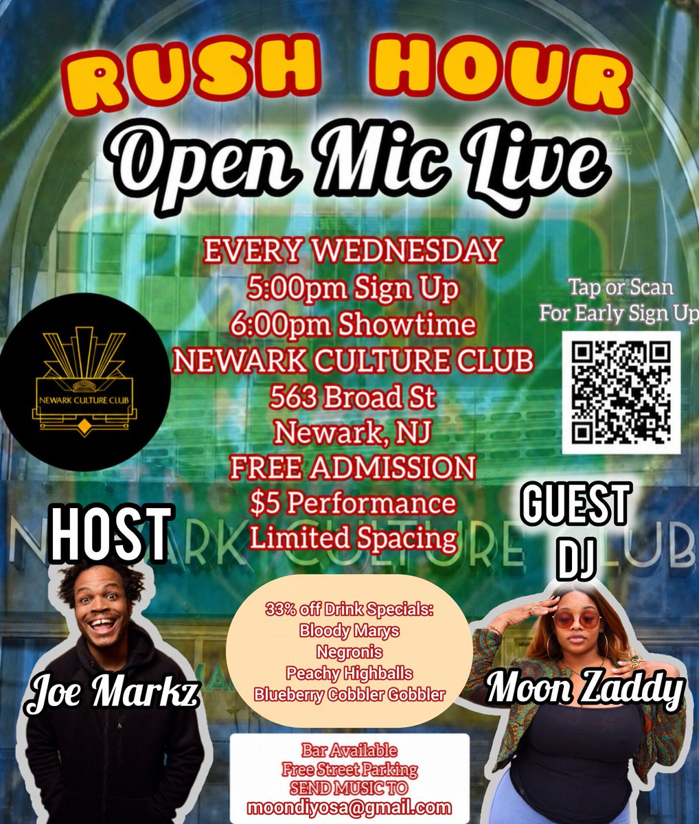 JoeMikeMarkz's tweet photo. It's Wednesday and that means were back today at @newarkcultureclub for another weekly edition to Rush Hour Open Mic.  FREE FOR AUDIENCE. $5 to perform.  Guest DJ @diyosa_moon 
33% off drink specials https://t.co/jYlEAZ5Pi1