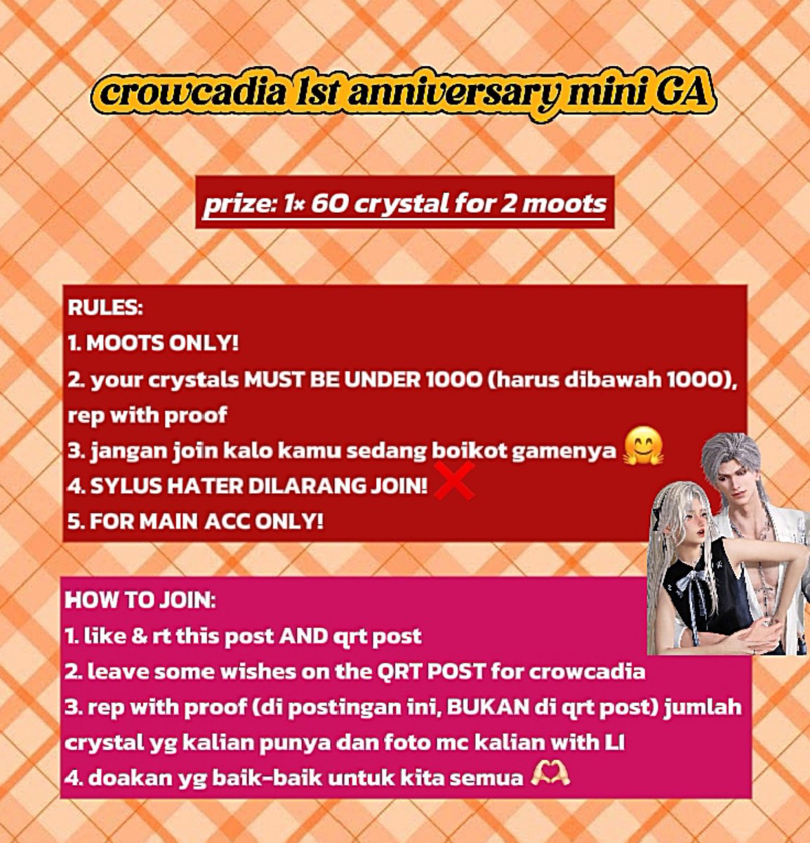 qincheeater's tweet photo. karena kemarin anniversary crowcadia, aku mau ngadain GA khusus moots ku 🥰 maaf ya hadiahnya ga banyak 🥲 boleh dibaca baik-baik yaa rules dan cara join nya di foto 🫶🏻 kalau ada yg kurang paham bolee tanya aja yah~

📌 END 26 AGUSTUS https://t.co/bEyQKNmSfy