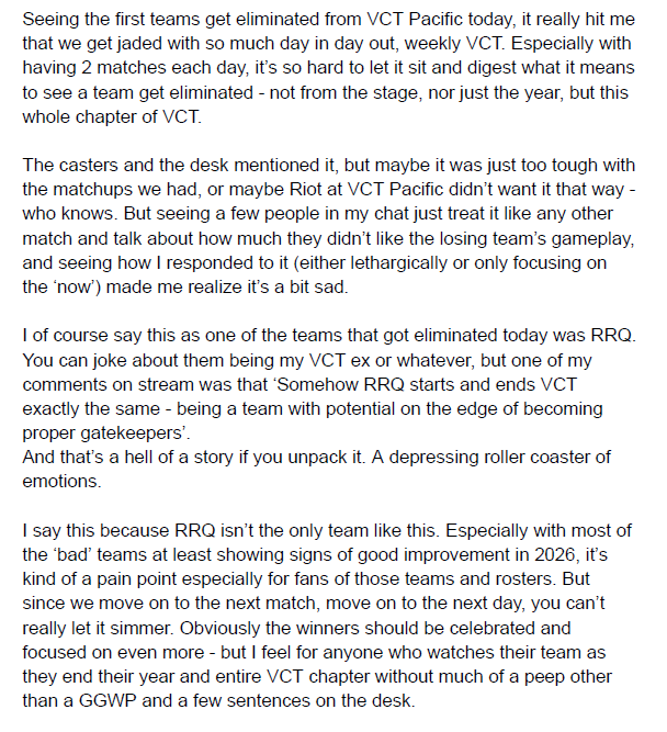 WillChobra's tweet photo. Watching teams get eliminated for the rest of the year, and VCT as we know it, got me thinking after the #VCTPacific watch party today.

Perhaps it only makes sense that it's @teamrrqofficial who made me realize all this 😢 https://t.co/saQLu7060W