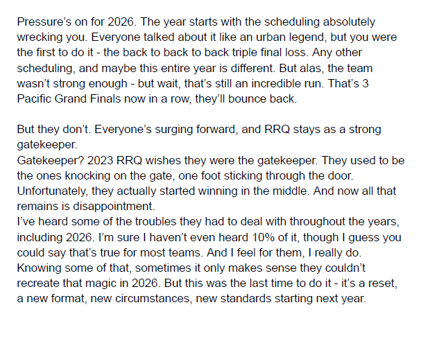 WillChobra's tweet photo. Watching teams get eliminated for the rest of the year, and VCT as we know it, got me thinking after the #VCTPacific watch party today.

Perhaps it only makes sense that it's @teamrrqofficial who made me realize all this 😢 https://t.co/saQLu7060W