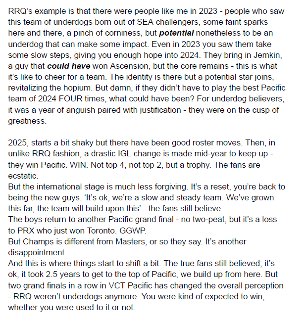 WillChobra's tweet photo. Watching teams get eliminated for the rest of the year, and VCT as we know it, got me thinking after the #VCTPacific watch party today.

Perhaps it only makes sense that it's @teamrrqofficial who made me realize all this 😢 https://t.co/saQLu7060W