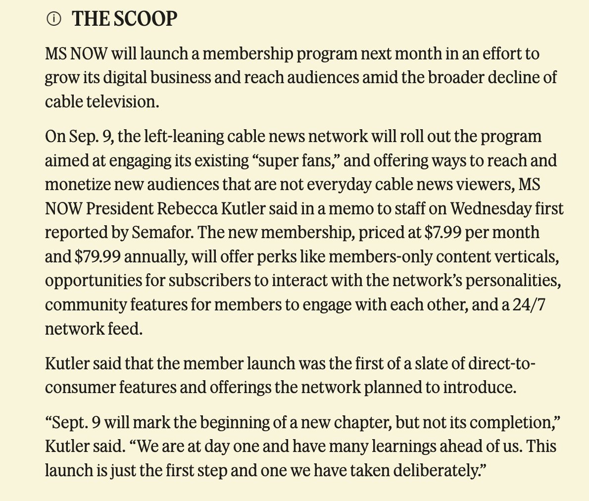 maxwelltani's tweet photo. First in @semafor : MS Now is launching a $7.99 monthly membership program offering members-only content verticals, opportunities for subscribers to interact with the network’s personalities, and community features for members to engage with each other. https://t.co/fBuvrtZXag