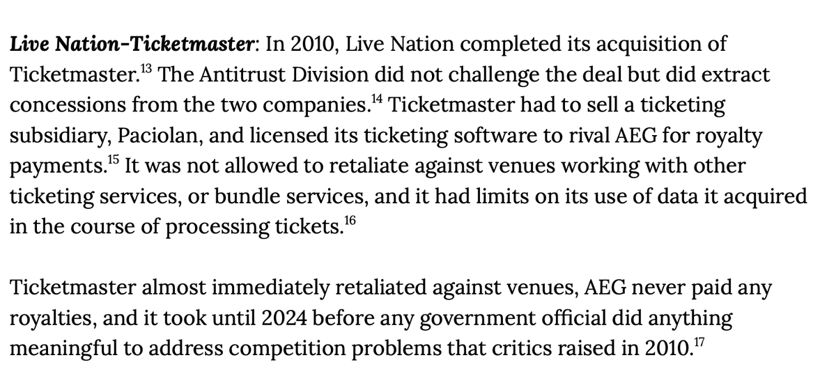 econliberties's tweet photo. Once a merger is approved, challenging a consent decree violation becomes next to impossible.

Here's just a few past mergers — from Live Nation-Ticketmaster to Disney-Fox, and more — that left massive broken promises: https://t.co/B3g9jGfl0r