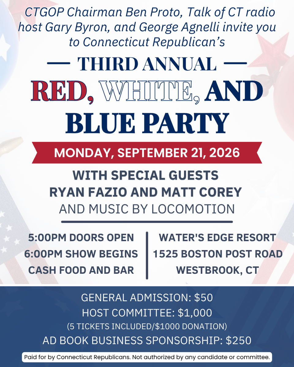 CTGOP's tweet photo. Join us for the Third Annual Red, White & Blue Party on Monday, September 21 at Water’s Edge Resort in Westbrook!

Featuring special guests Ryan Fazio and Matt Corey, with music by Locomotion.

General Admission: $50
Couple Admission: $100
Host Committee: $1,000
Ad Book Sponsorship: $250
Doors open at 5:00 PM and the show begins at 6:00 PM.
Get your tickets and sponsorships here:
https://t.co/EaXl4XHFe8
