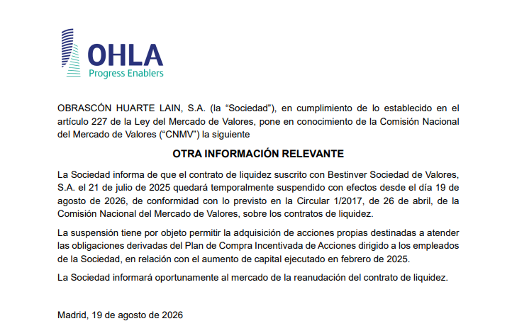 JCPF_Carlos's tweet photo. 📌🟢#OHLA
📌✅OHLA suspende temporalmente un contrato de liquidez para adquirir acciones propias destinadas a atender las obligaciones derivadas del Plan de Compra Incentivada de Acciones dirigido a los empleados de la Sociedad.