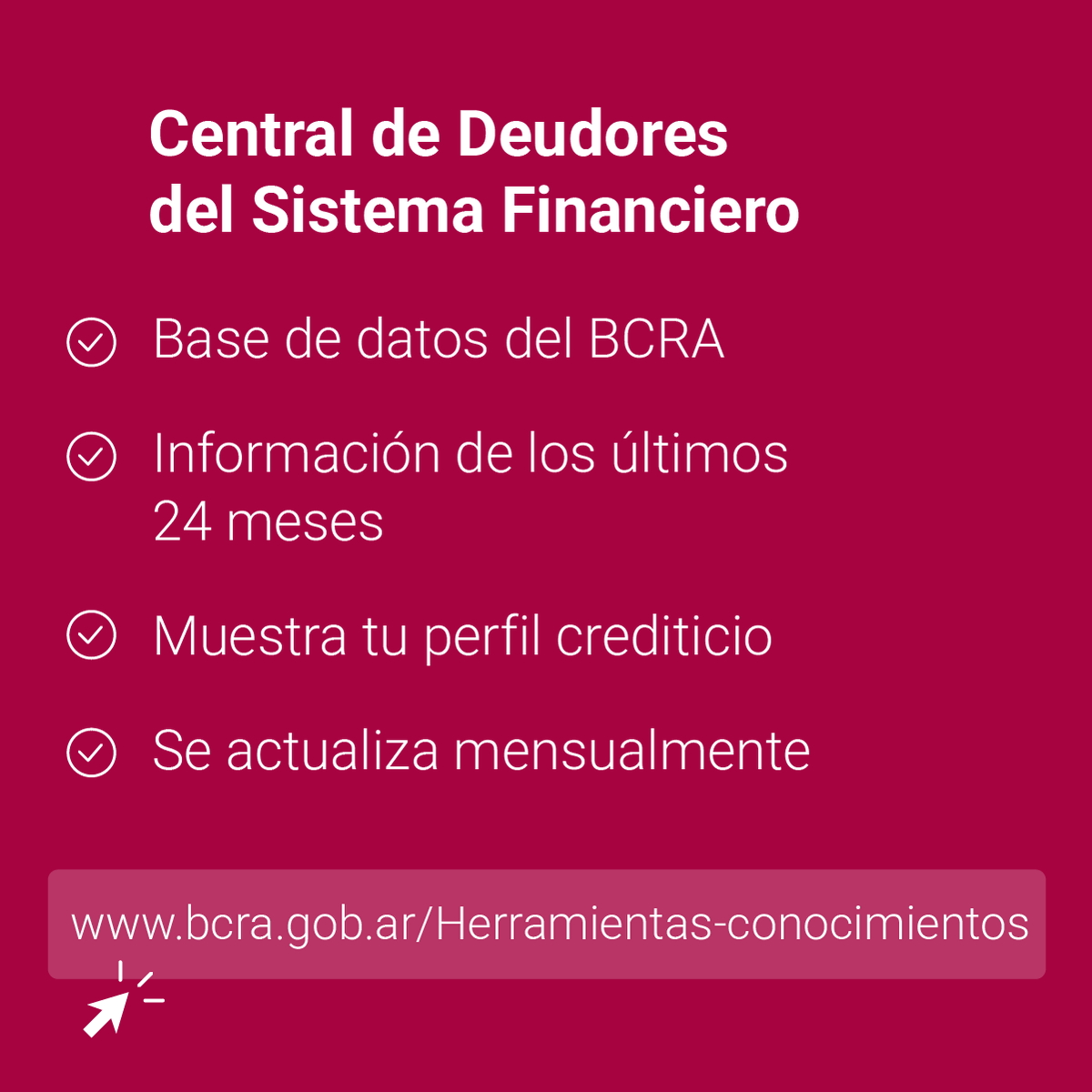BancoCentral_AR's tweet photo. La Central de Deudores del Sistema Financiero es una base de datos donde las entidades financieras y otros proveedores de crédito informan al Banco Central las financiaciones de cada persona de los últimos 24 meses.

Esta información te ayuda a entender cómo te ve el sistema financiero y es la referencia que usan los bancos cuando evalúan si otorgarte un nuevo crédito.

La Central se actualiza mensualmente con los datos que envían las entidades al BCRA.

Para ingresar a la Central de Deudores: https://t.co/6ygYCRzWF4

Conocé más: https://t.co/AbaNA4enox

Podés canalizar tus consultas a través de @BCRAusuarios.