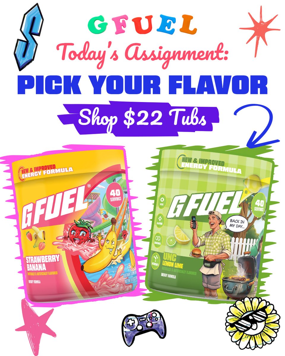 GFuelEnergy's tweet photo. Shop Now: https://t.co/7UAe76bUnQ

Pop quiz: What’s your favorite G FUEL flavor?

Whatever your answer, grab a Tub for just $22 during our Back 2 School Sale! https://t.co/zRZwnnjPPN