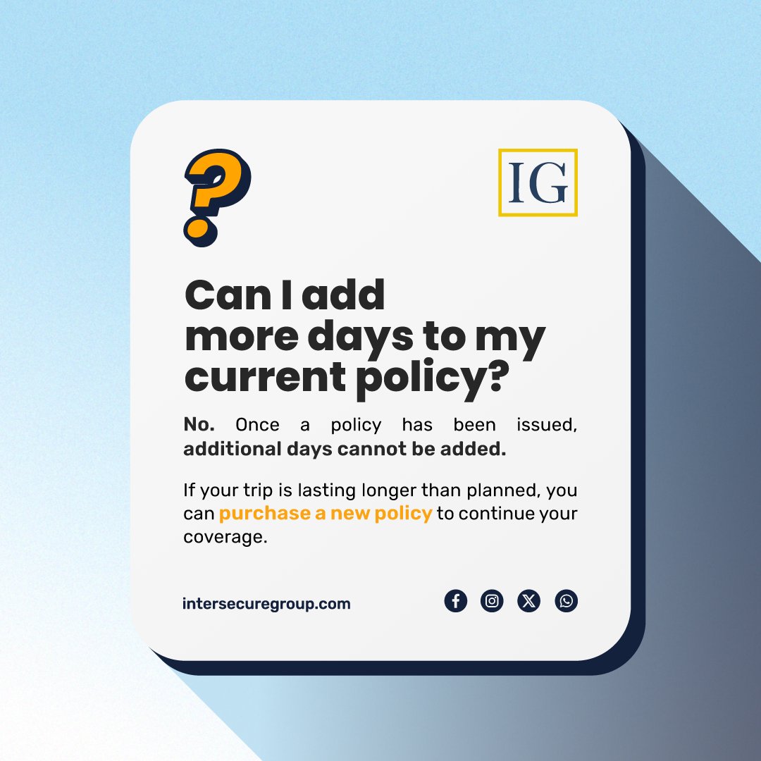 IntersecureG's tweet photo. Need a few more days on the road? 🚐
Once issued, additional days can’t be added to an existing policy. If your trip runs longer than planned, you can purchase a new policy to continue your coverage.

Questions? We’re happy to help!

https://t.co/pseQKQ3KcK

#USACanadaRoadTrip https://t.co/b4dYJd3Guk