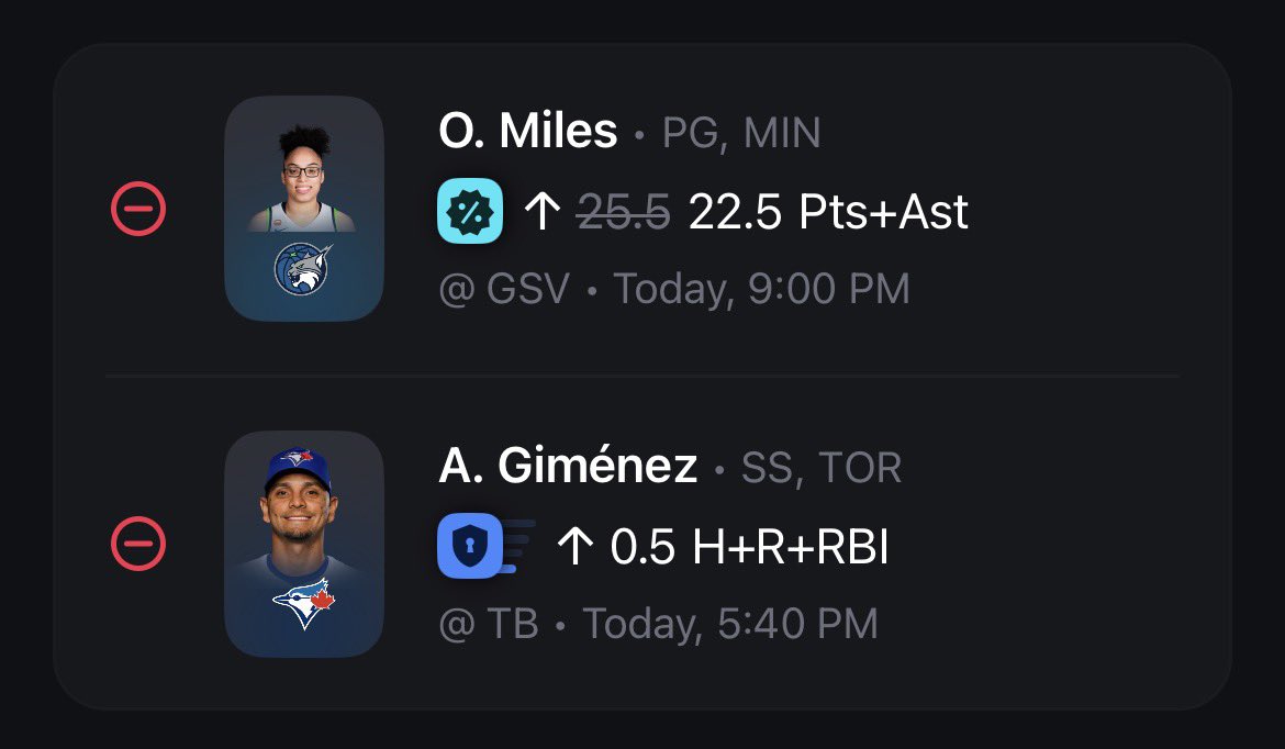 prop_wave's tweet photo. BETR 2.75X ⚡️

Andres Giminez is over in 11 of his last 12. He is also batting a .429 in 7 PA vs Rasmussen. Draftkings has it at -157 which is what we are looking for with a 2.75x.

A solid discount for Miles, o21.5 is -275 on Fanatics. She is over in 5 of the last 6 and over in 1/2 H2H.

Solid +EV play with good fundamental backing.