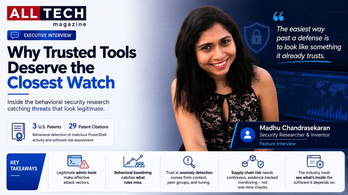 AllTechMagazine's tweet photo. Security teams need context, not just more data

Modern organizations generate enormous amounts of security telemetry.

The problem isn't always a lack of data.

It's understanding what matters.

Madhu Preetha Chandrasekaran emphasizes the importance of correlating different signals to identify meaningful threats.

A suspicious login alone may not be enough.

Unusual data transfer alone may not be enough.

An unfamiliar device alone may not be enough.

But combine those signals with abnormal user behavior—and the risk picture changes.

This is where behavioral baselines become powerful.

Instead of treating every event as an isolated alert, security teams can compare activity against:

→ The user's normal behavior
→ Their peer group's behavior
→ The system's historical patterns
→ The sensitivity of the resource involved
That context can help distinguish genuine threats from normal business activity.
𝗧𝗵𝗲 𝗴𝗼𝗮𝗹 𝗶𝘀𝗻'𝘁 𝘁𝗼 𝗰𝗮𝘁𝗰𝗵 𝗲𝘃𝗲𝗿𝘆 𝗮𝗻𝗼𝗺𝗮𝗹𝘆.
It's to identify the anomalies that actually deserve attention.

Madhu Preetha Chandrasekaran explores why behavioral context is becoming critical to modern threat detection on AllTech Magazine.

https://t.co/yOJ3pvbWrF

#Cybersecurity #ThreatDetection #SecurityOperations #AnomalyDetection #InfoSec #AllTechMagazine
