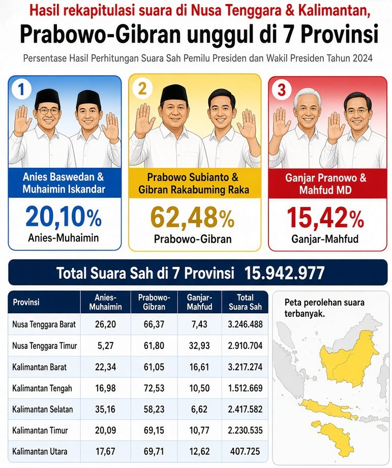 MenteriPekerja's tweet photo. - Prabowo dipilih oleh 61,80% Masyarakat NTT
- Prabowo dipilih oleh 61,05% Masyarakat Kalimantan Barat 
- Prabowo dipilih oleh 72,53% Masyarakat Kalimantan Tengah
- Prabowo dipilih oleh 58,23% Masyarakat Kalimantan Selatan
- Prabowo dipilih oleh 69,15% Masyarakat Kalimantan Timur
- Prabowo dipilih oleh 69,71% Masyarakat Kalimantan Utara 

Sekarang NTT diguncang gempa, rakyatnya butuh bantuan cepat.

Kalimantan dilanda kebakaran hutan dan kabut asap yang mencekik, warga sesak napas setiap hari.

Masa iya Kabinet Merah Putih yang dipilih mayoritas mutlak di daerah-daerah ini tinggal diam dan mengabaikan amanah kesejahteraan, kesehatan dan kondisi masyarakat pemilihnya?

Kalo sampai lambat merespons bencana itu sama aja mengkhianati amanah yg udah dikasih!!