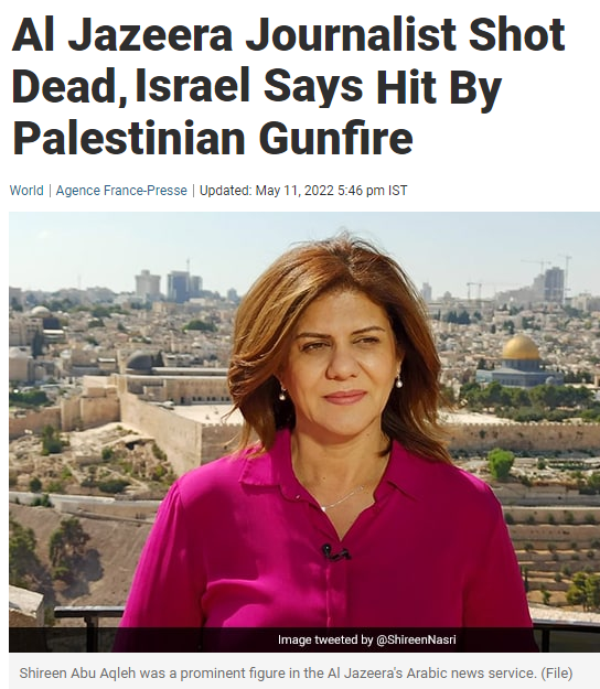 zei_squirrel's tweet photo. the Israeli regime targeted, shot and killed journalist Shireen Abu Akleh, then released doctored videos claiming she was killed by "Palestinian terrorists", then months later admitted they intentionally killed her but let off her killers after a fake "investigation". Same playbook they're using now for Hind Rajab.