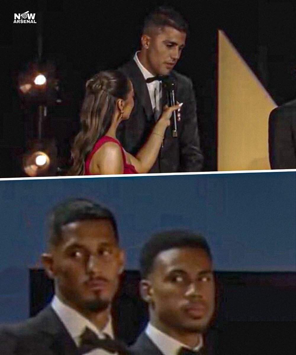 now_arsenaI's tweet photo. Rodri speaking at the PFA Awards in 2025: “It’s all about your mentality, you have to play every game to win, not draw.”

William Saliba and Gabriel: “👀👀” https://t.co/ZXEoLggUbs