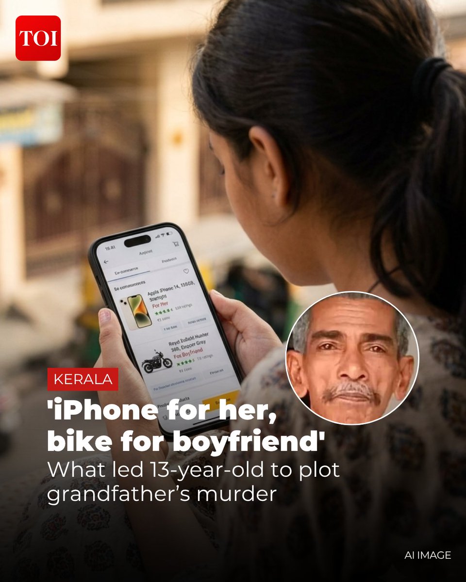 timesofindia's tweet photo. A 13-year-old girl and three teenage boys allegedly planned the murder of her 67-year-old grandfather in Kerala’s Alappuzha district to steal gold and money, with police saying the group intended to use the proceeds to buy an iPhone for the girl and a motorbike for her boyfriend.

Details here 🔗https://t.co/pBboVyXQYw
Tap into nonstop news coverage with the TOI App 👉 https://t.co/ogFaRsUKyn

#Kerala #Alappuzha #KeralaNews #CrimeNews #iPhone #IndiaNews