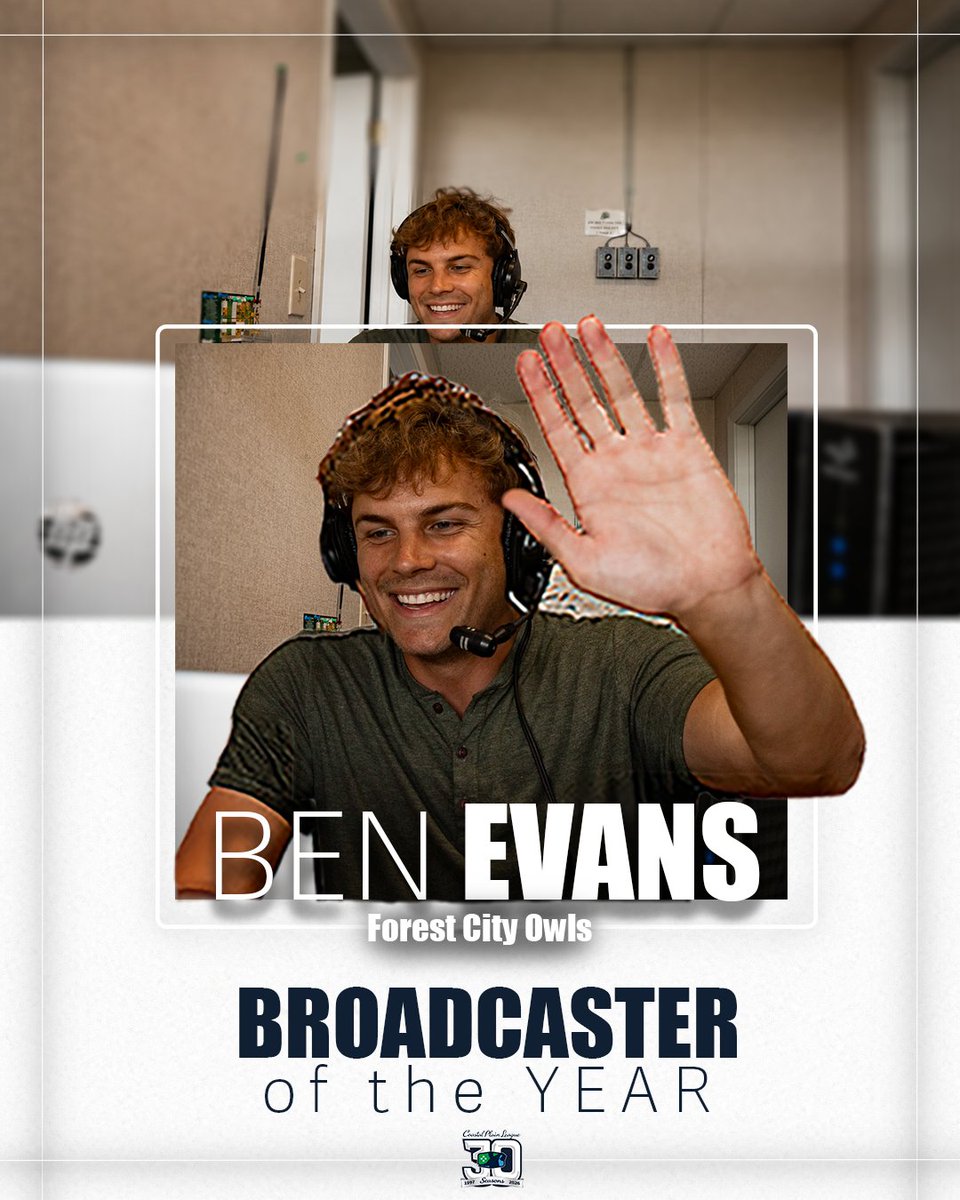 CPLBaseball's tweet photo. called it 🎙️

Your 2026 Broadcaster of the Year: Ben Evans of the Forest City Owls 🦉

#TheFutureIsNow #cplbaseball #cpl30 #Broadcaster https://t.co/W3RqoREFiu
