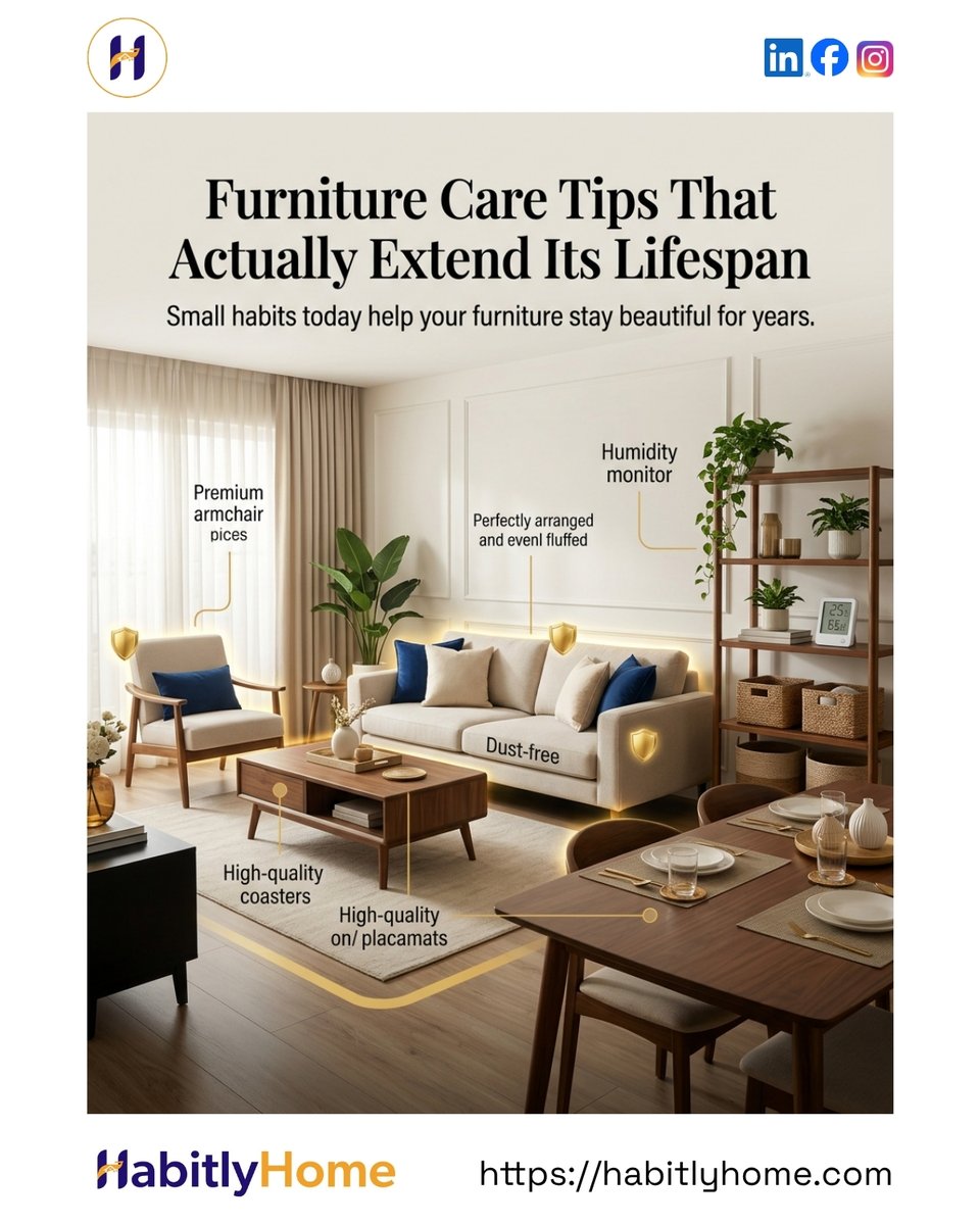 HabitlyHome's tweet photo. "Furniture Care Tips That Actually Extend Its Lifespan”
Regular vacuuming of upholstery, not just the visible surface but in the seams and under cushions, prevents dust and debris from working into the fabric fibres where it causes long term wear.#KitchenDecor #KitchenEssentials https://t.co/CprYs7hmde