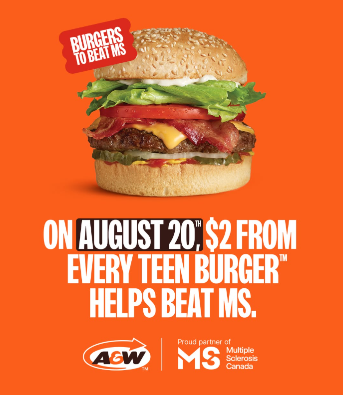 DufferinMall's tweet photo. Burgers to Beat MS is happening today at A&W!
Today, $2 from every A&W Teen Burger™ sold across the country will support Canadians affected by MS.
Every little bit (and bite) makes a difference. Visit A&W, located in our food court, for more.
#AWCanada #BurgersToBeatMS https://t.co/nEP9sSeRVk