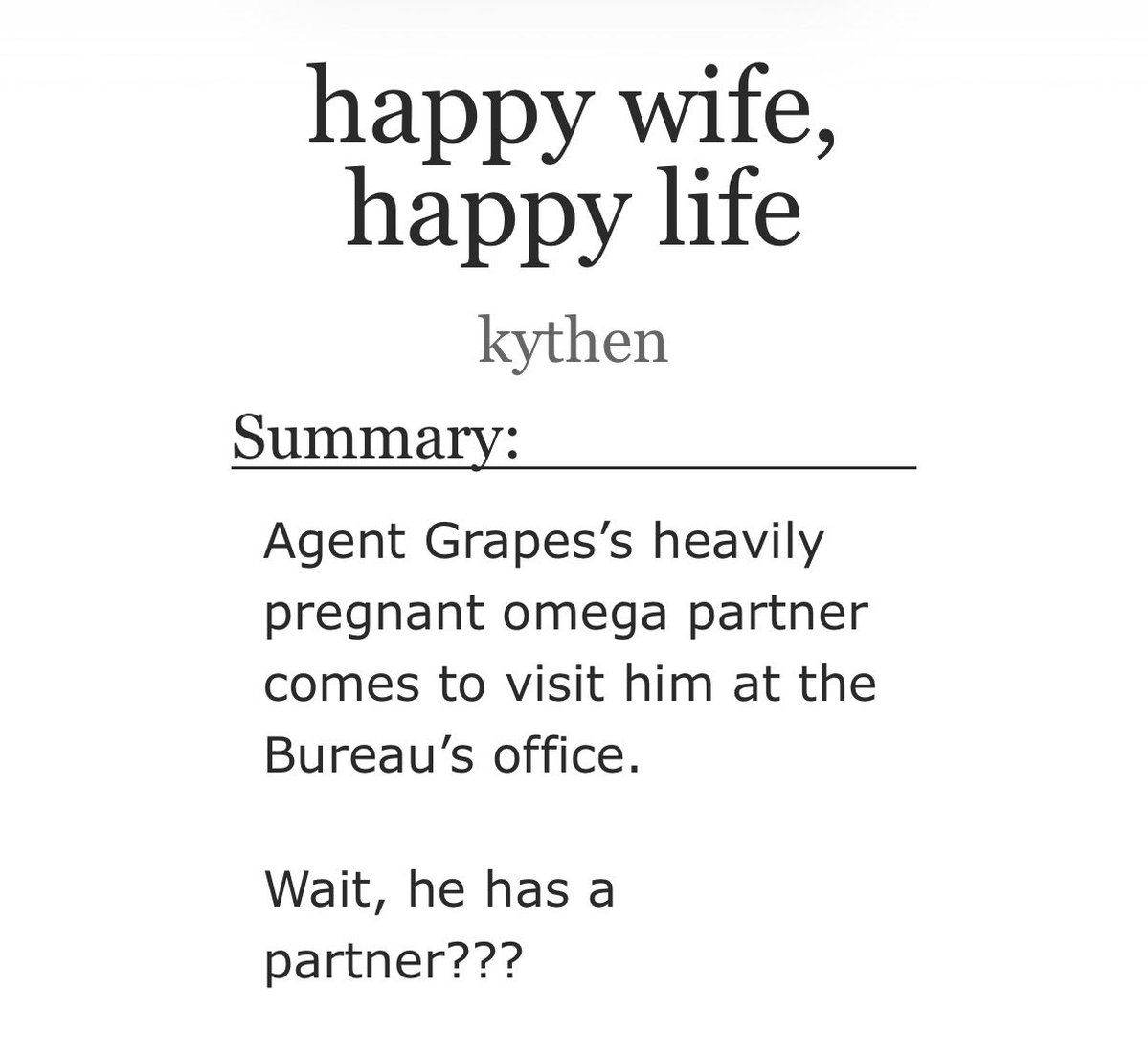 choistonks's tweet photo. โhappy wife, happy lifeโ
๐ฆ๐ Kim Soleum/Baek Saheon #solsah Omegaverse AU. 4.6k words.
Hyunmu Team 1 receives an unexpected visitor looking for Agent Grapes. He isnโt in but his reliable seniors, Agent Choi and Agent Bronze, have it covered!
๐ https://t.co/NKSFAEukRF https://t.co/u3UWgjFbGO