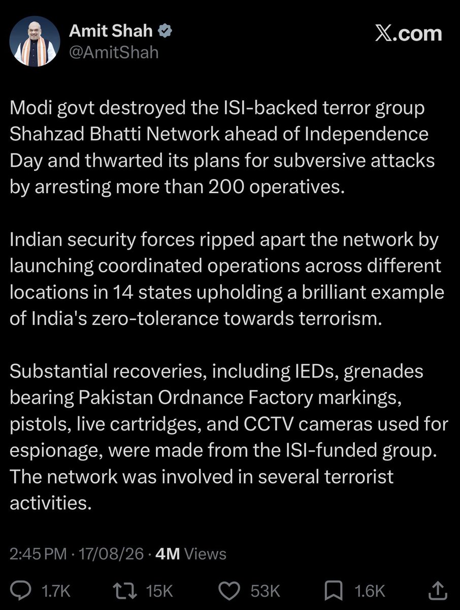 SurajBala's tweet photo. The government of India has arrested 253 terrorists in 14 states in a crackdown on Pakistan based, ISI-backed Shahzad Bhatti Network.

HOW IS THIS NOT THE BIGGEST STORY THIS WEEK??! https://t.co/6SkDycRrtt