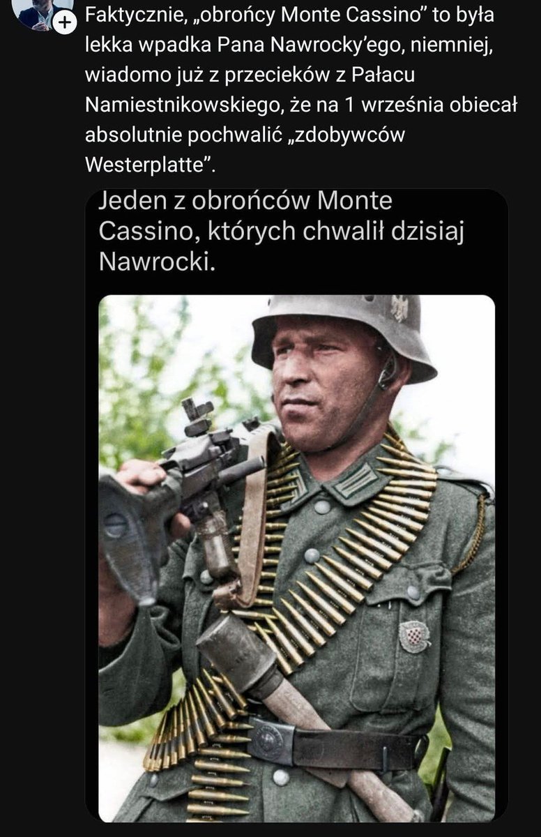 G87702Sebastian's tweet photo. @pozar_w Skoro niedawno pochwalił obrońców Monte Cassino To nie wypadało mu złożyć teraz kondolencji rodzinie pani Wandy. Poza tym myślę że ona by nie chciała od kogoś takiego ktoś czuje na innych żadnych słów ani gestów. https://t.co/pjXmFCPvjc