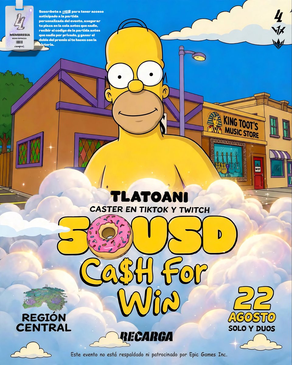 TeamLlyrdem's tweet photo. RELOAD 𝐂𝐀𝐒𝐇 𝐗 𝐖𝐈𝐍🤑🍩
— ENTRADA GRATUITA — 
50 USD EN PREMIOS

Partidas en solos y dúos 

REQUISITOS:
🫂 Sigue a @teamllyrdem, @tlato34, @v1perxteam y @ragnar_esports_ 
❤️ Dale me gusta al post
💬 Menciona a cuatro amigos 
♻️ Reposetea la publicación 

Mapa: Simpsons
🎙️CASTER: Tlatoani (TikTok & Twitch)
Sábado 22 agosto - 20.30h CDMX

🔴 Únete al Discord para registrar tu sitio y obtener el código de la partida: https://t.co/zvNBHGssMJ

#SiempreLLY 
#SimpsonSeries🍩