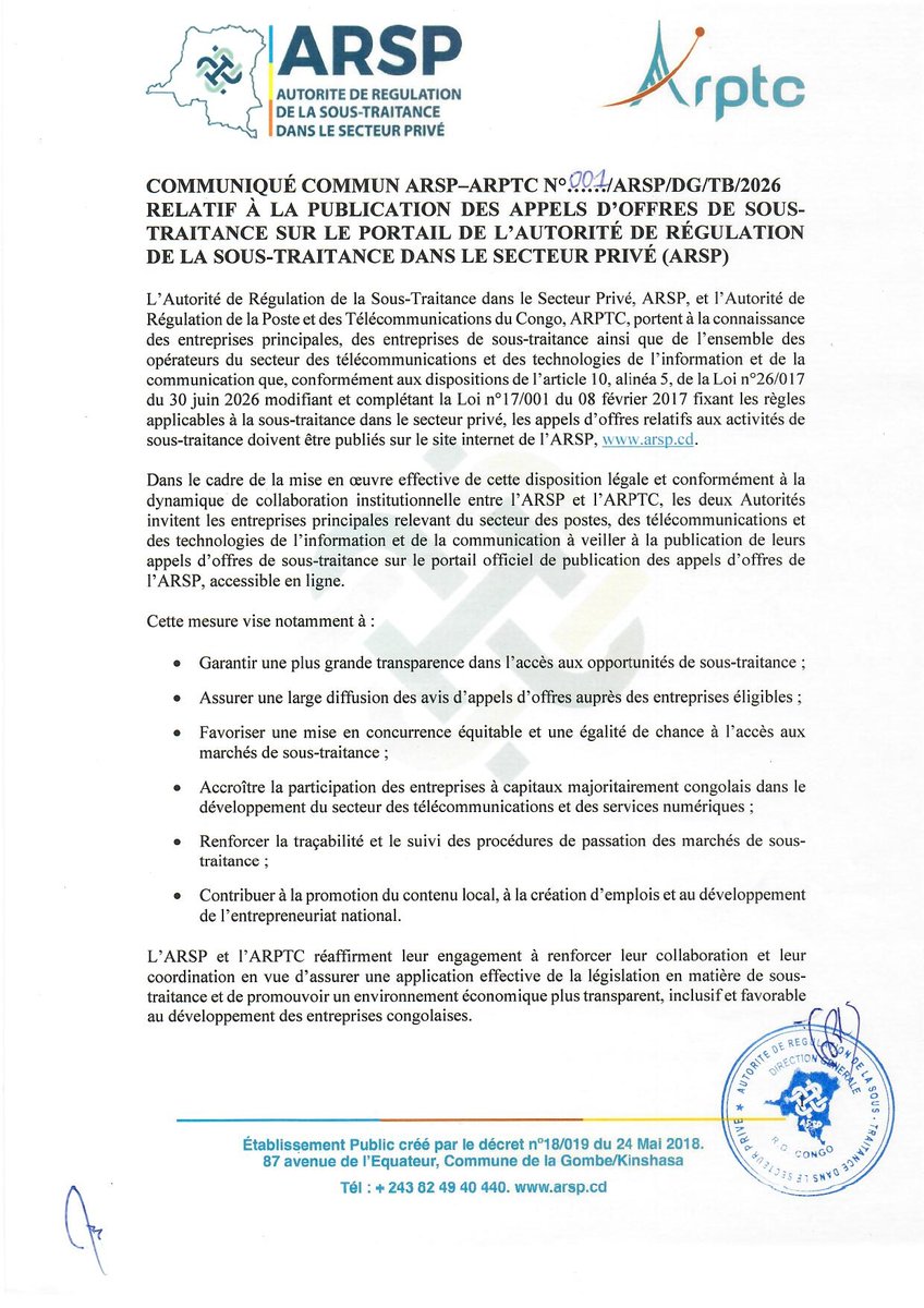OfficielArptc's tweet photo. Lâ#ARPTC et lâ#ARSP renforcent la transparence dans lâ#accĂšs aux #opportunitĂ©s de #sous-#traitance
LâAutoritĂ© de RĂ©gulation de la Poste et des TĂ©lĂ©communications du Congo (ARPTC) et lâAutoritĂ© de RĂ©gulation de la Sous-Traitance dans le Secteur PrivĂ© (ARSP) portent Ă la connaissance des #opĂ©rateurs et #entreprises du secteur des #postes, #tĂ©lĂ©communications et #technologies de lâ#information et de la #communication que, conformĂ©ment Ă la #Loi n° 26/017 du 30 juin 2026, les #appels dâ#offres relatifs aux activitĂ©s de sous-traitance doivent ĂȘtre publiĂ©s sur le #portail #officiel de lâARSP.
Cette mesure vise Ă garantir une plus grande transparence, lâ#Ă©galitĂ© des #chances et une #concurrence #Ă©quitable dans lâaccĂšs aux opportunitĂ©s de sous-traitance, tout en favorisant la participation accrue des entreprises Ă capitaux majoritairement congolais au dĂ©veloppement du secteur.
Ă travers cette dĂ©marche concertĂ©e, lâARPTC et lâARSP rĂ©affirment leur engagement en faveur du contenu local, du dĂ©veloppement de lâ#entrepreneuriat #congolais et dâun #environnement #Ă©conomique plus #inclusif et #compĂ©titif.
Les entreprises concernĂ©es sont invitĂ©es Ă se conformer aux dispositions lĂ©gales en vigueur et Ă consulter rĂ©guliĂšrement le portail officiel de lâARSP pour prendre connaissance des opportunitĂ©s publiĂ©es.