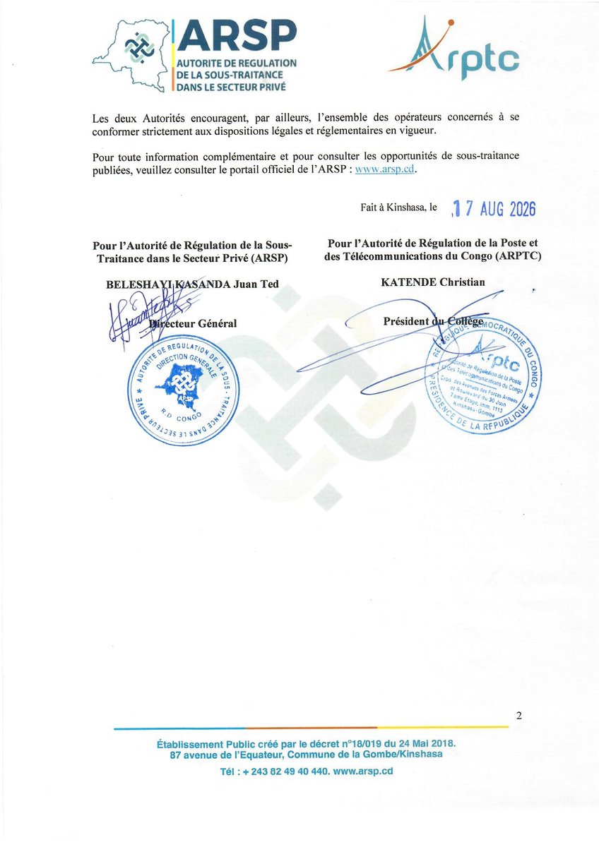 OfficielArptc's tweet photo. Lâ#ARPTC et lâ#ARSP renforcent la transparence dans lâ#accĂšs aux #opportunitĂ©s de #sous-#traitance
LâAutoritĂ© de RĂ©gulation de la Poste et des TĂ©lĂ©communications du Congo (ARPTC) et lâAutoritĂ© de RĂ©gulation de la Sous-Traitance dans le Secteur PrivĂ© (ARSP) portent Ă la connaissance des #opĂ©rateurs et #entreprises du secteur des #postes, #tĂ©lĂ©communications et #technologies de lâ#information et de la #communication que, conformĂ©ment Ă la #Loi n° 26/017 du 30 juin 2026, les #appels dâ#offres relatifs aux activitĂ©s de sous-traitance doivent ĂȘtre publiĂ©s sur le #portail #officiel de lâARSP.
Cette mesure vise Ă garantir une plus grande transparence, lâ#Ă©galitĂ© des #chances et une #concurrence #Ă©quitable dans lâaccĂšs aux opportunitĂ©s de sous-traitance, tout en favorisant la participation accrue des entreprises Ă capitaux majoritairement congolais au dĂ©veloppement du secteur.
Ă travers cette dĂ©marche concertĂ©e, lâARPTC et lâARSP rĂ©affirment leur engagement en faveur du contenu local, du dĂ©veloppement de lâ#entrepreneuriat #congolais et dâun #environnement #Ă©conomique plus #inclusif et #compĂ©titif.
Les entreprises concernĂ©es sont invitĂ©es Ă se conformer aux dispositions lĂ©gales en vigueur et Ă consulter rĂ©guliĂšrement le portail officiel de lâARSP pour prendre connaissance des opportunitĂ©s publiĂ©es.