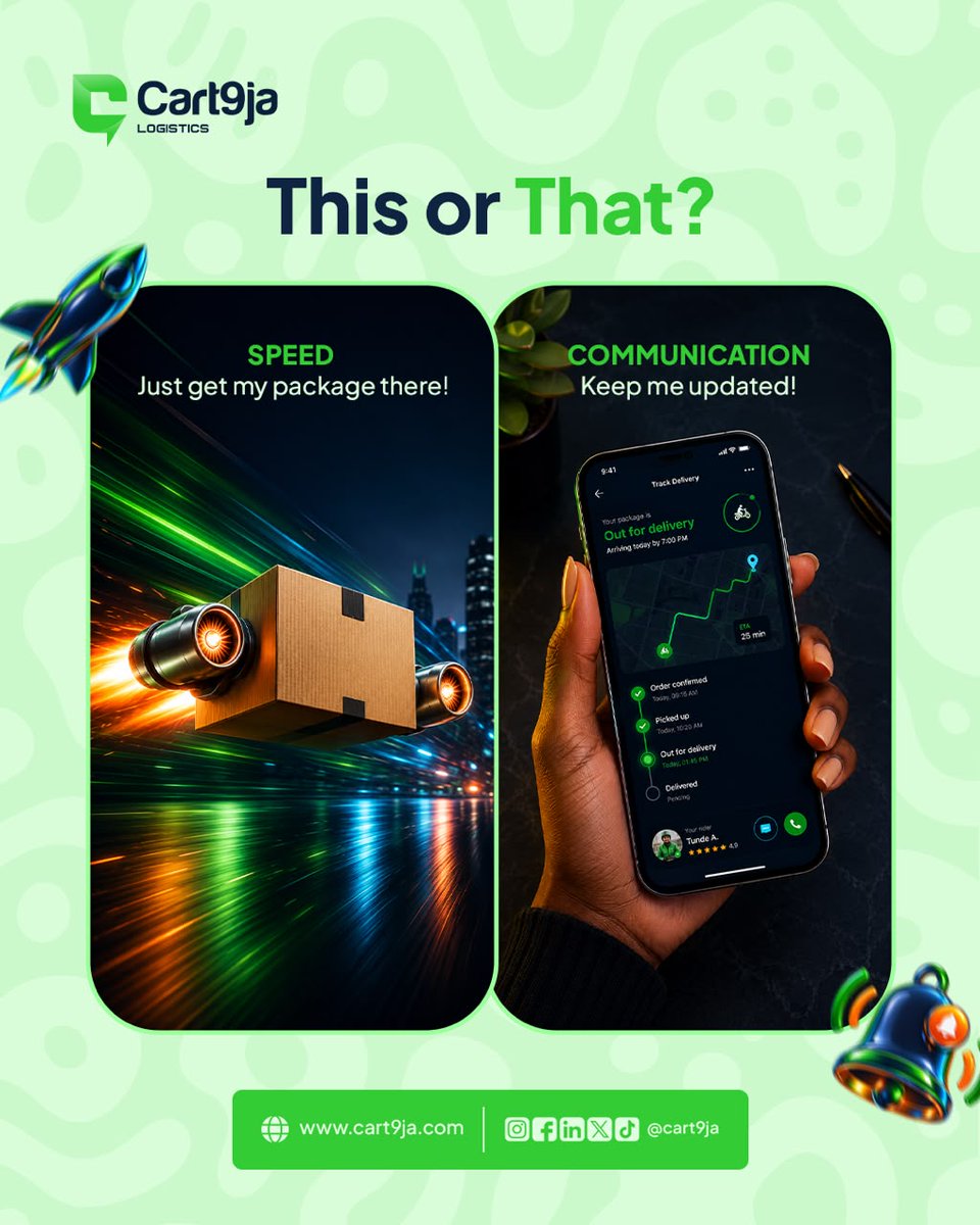 cart9ja's tweet photo. You can only pick ONE. 

Speed or Communication ? You’re not allowed to pick both. 😌😌

#delivery #cart9ja https://t.co/0ltxOucJ3j