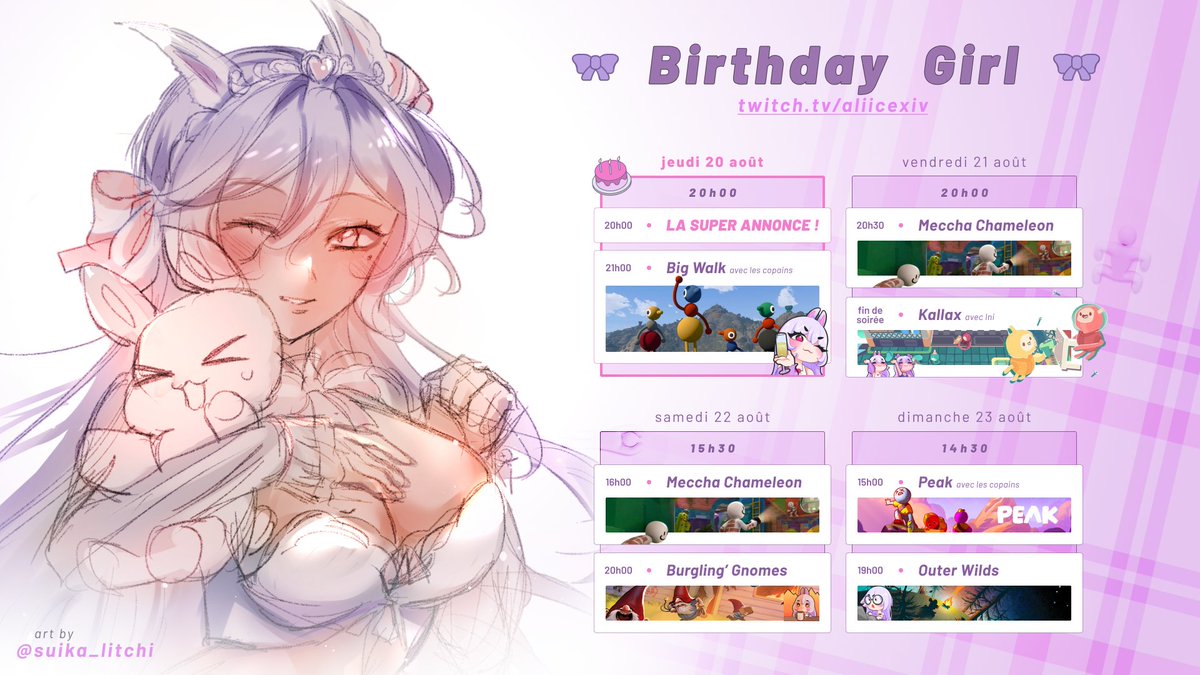 AliiceXIV's tweet photo. DEMAIN ! 🎂🎉
Le 20 Aout je fête mon anniversaire ! Avec VOUS 💜

J'ai une ANNONCE - une potite surprise à vous révéler et apparemment on m'a caché des trucs !

Mais pourquoi s'arrêter à un jour quand on peut se voir tout le week-end ✨

Pleins de jeux &amp; bêtises ! A demain 20h 🎉 https://t.co/XaQX5CIEUs