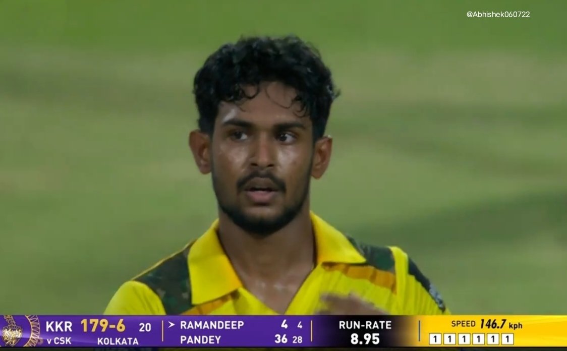 Abhishek060722's tweet photo. This was the last over Pathirana bowled for CSK, and he conceded only 6 runs. Just look at his pace — 146.7 kph! 

Still can’t believe CSK let go of such a beast of a bowler.🥲 https://t.co/K3kjIzkePp