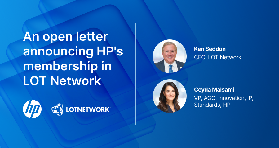 TheLOTNET's tweet photo. HP has joined LOT Network.

In an open letter, Ken Seddon, CEO, LOT Network, breaks down what HP's membership means for our 6,300+ members and why HP made the call.

Read the full letter on our insightsHUB: https://t.co/1Xkqk42Iet

#PatentLitigation #IPStrategy https://t.co/mzGwhbe1UN