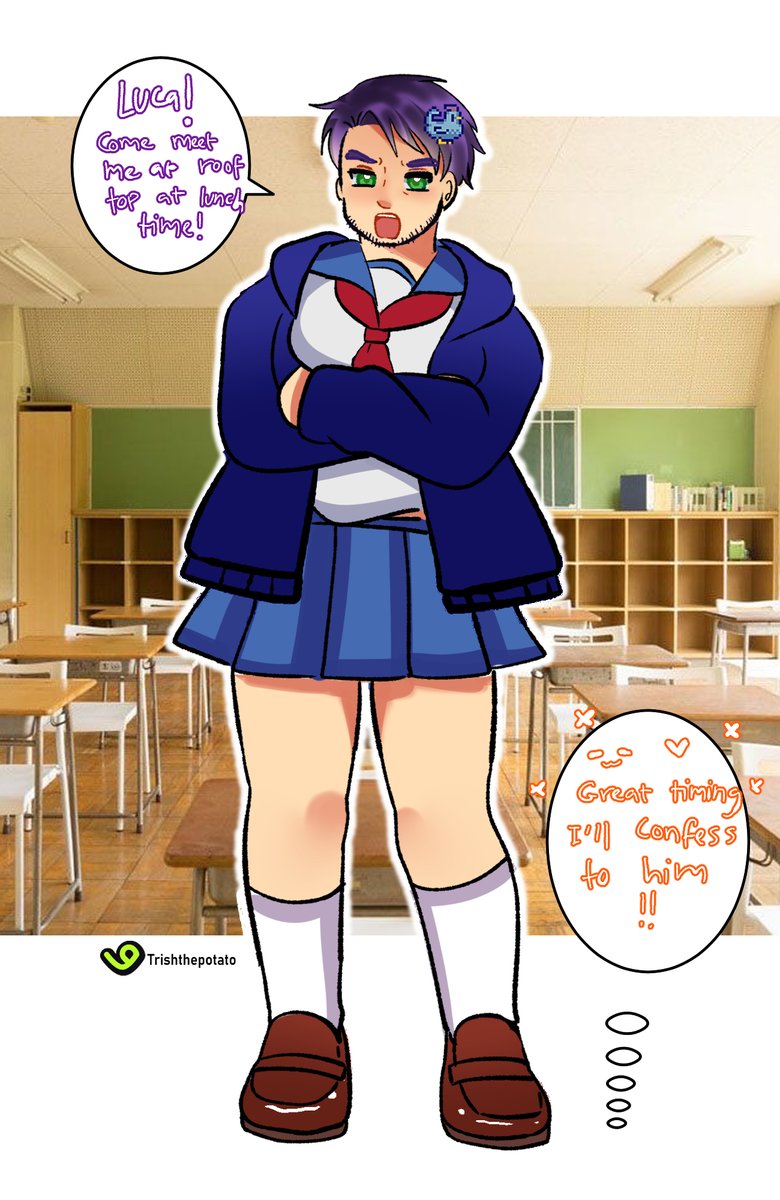 KentangTrish's tweet photo. finishing this while having period cramps ouughhhhh (AHHHHH FORGOT TO GIVING HIM HAIRY LEGS!!!, too lazy to fix it 😔)
Shane but he's tsundere school girl in dating sim https://t.co/wANPaBtnEo