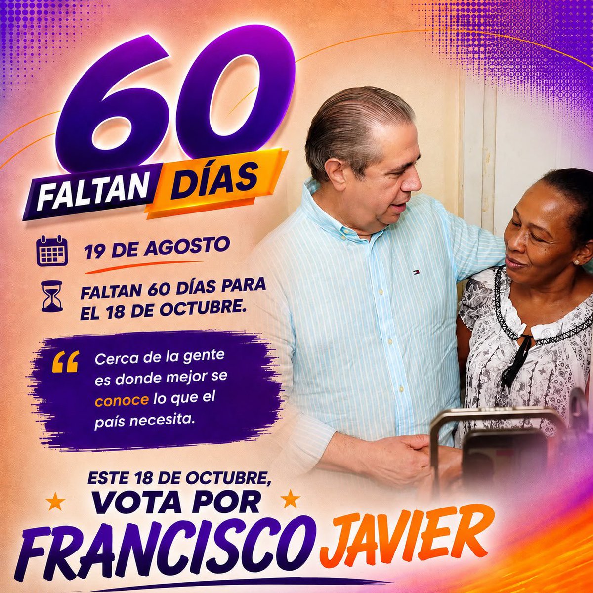 Reynateinforma's tweet photo. 💜Cerca de la gente es donde mejor se conoce lo que el país necesita. La cercanía permite entender sus realidades y trabajar con compromiso por las soluciones que esperan.

🗳️ Este 18 de octubre, vota por Francisco Javier.

#FranciscoJavierPresidente
#FirmaConFranciscoJavier https://t.co/UKjN6XGSGN